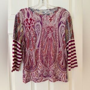 Central Park West women's paisley print top with striped sleeves size Large